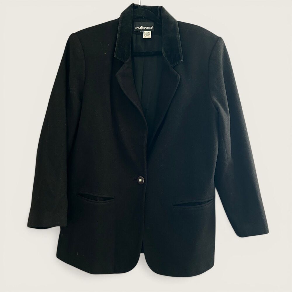 Vintage Sag Harbor Black 100% Pure Wool Blazer Suede Collar Women's M/L